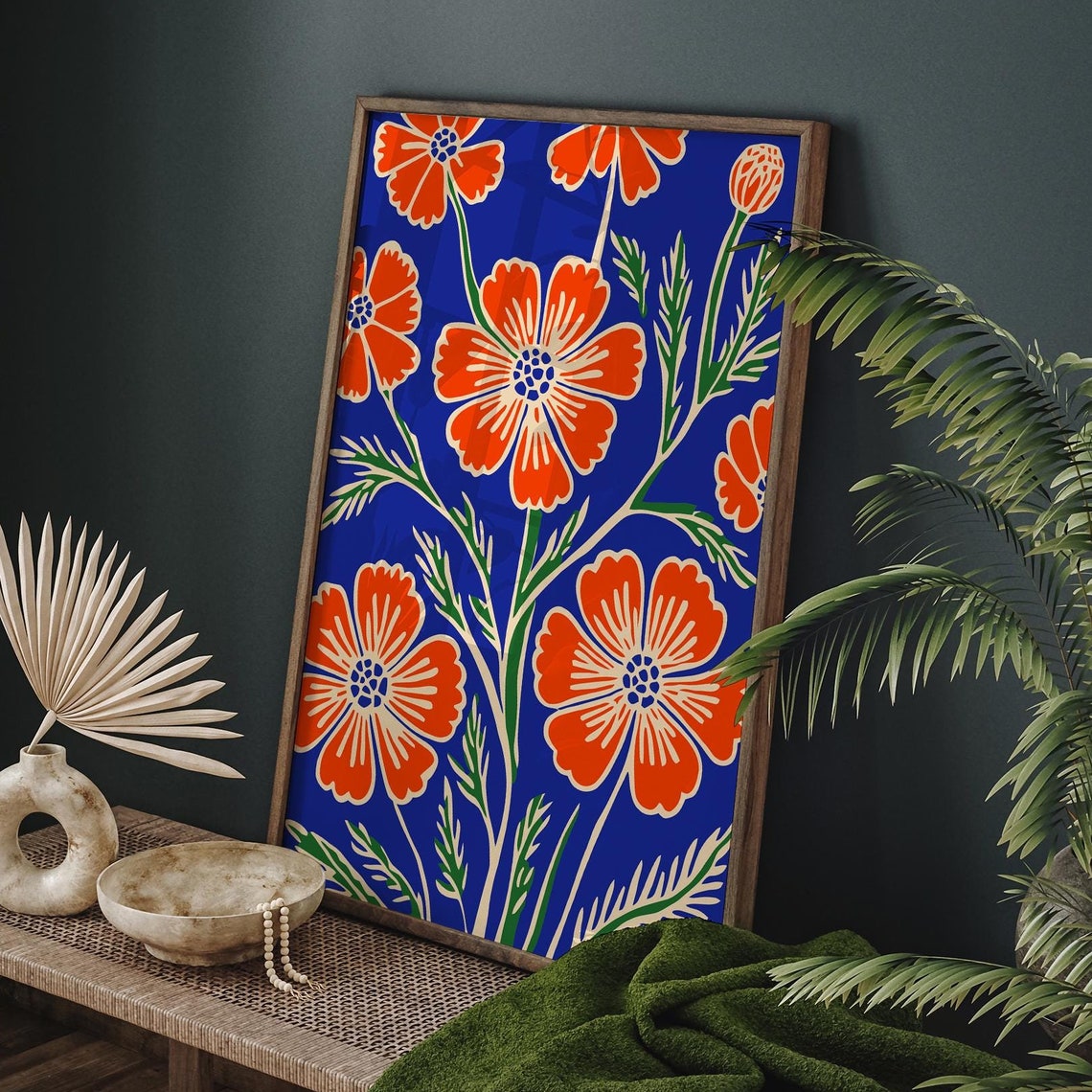 Beautiful Red Orange Flowers on Cobalt Blue Botanical Poster