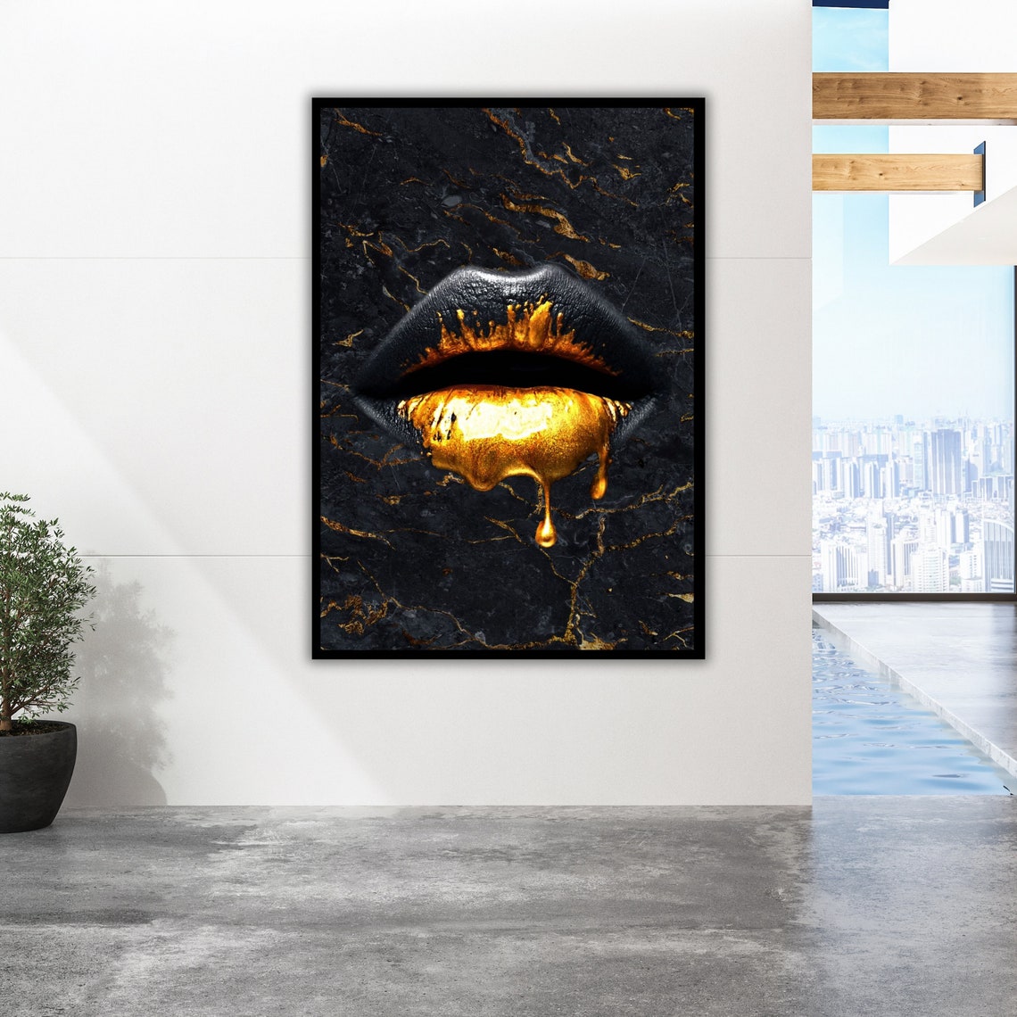 Gold Dripping Lips On Black Marble Glam Luxury Wall Art Poster - Image 5