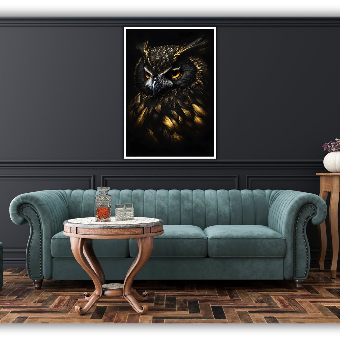 Dark Owl Portrait Golden Eyes On Black Background Wildlife Art Poster - Image 2