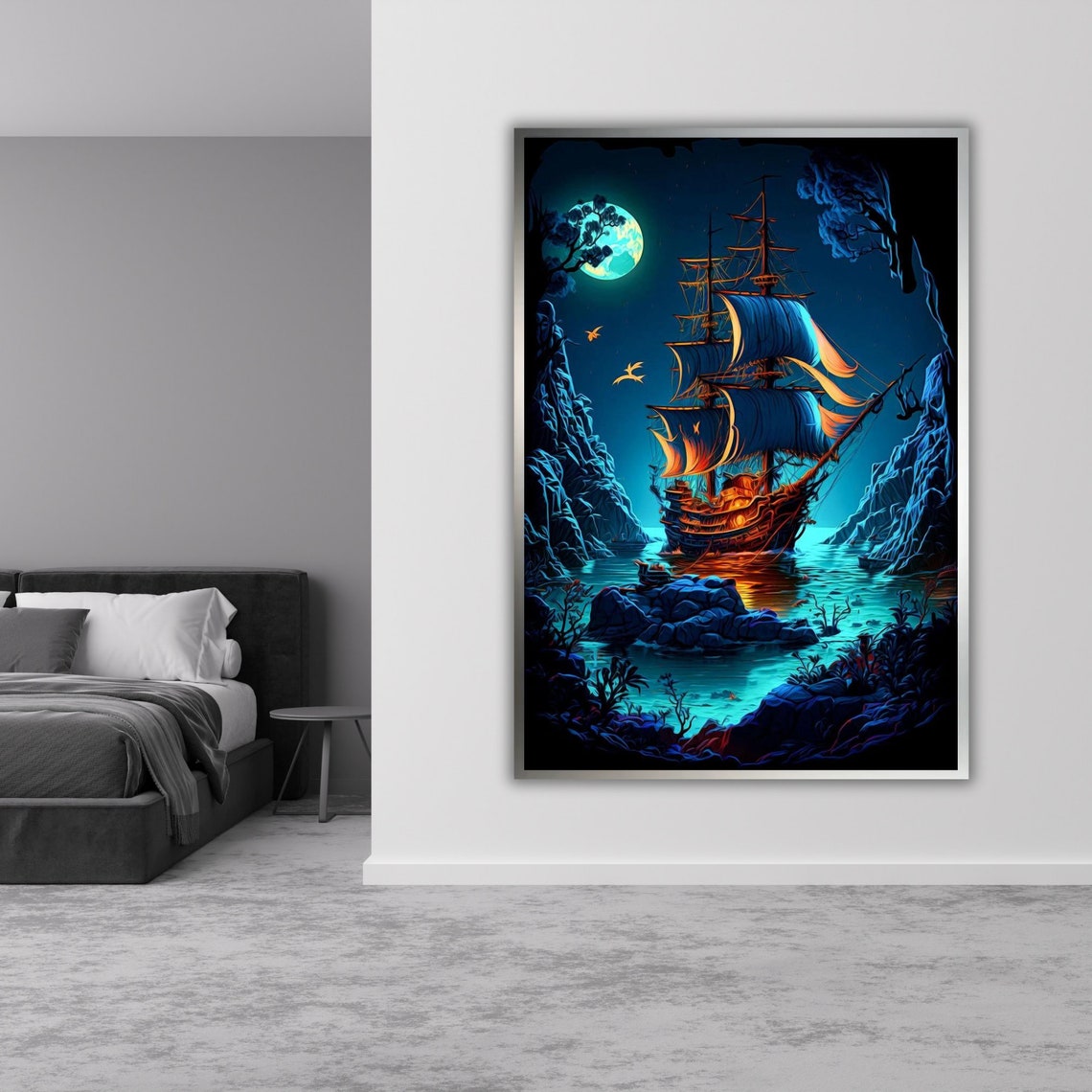 Tall Ship Moonlit Cove Neon Blue Night Voyage Rocky Harbor Poster - Image 3