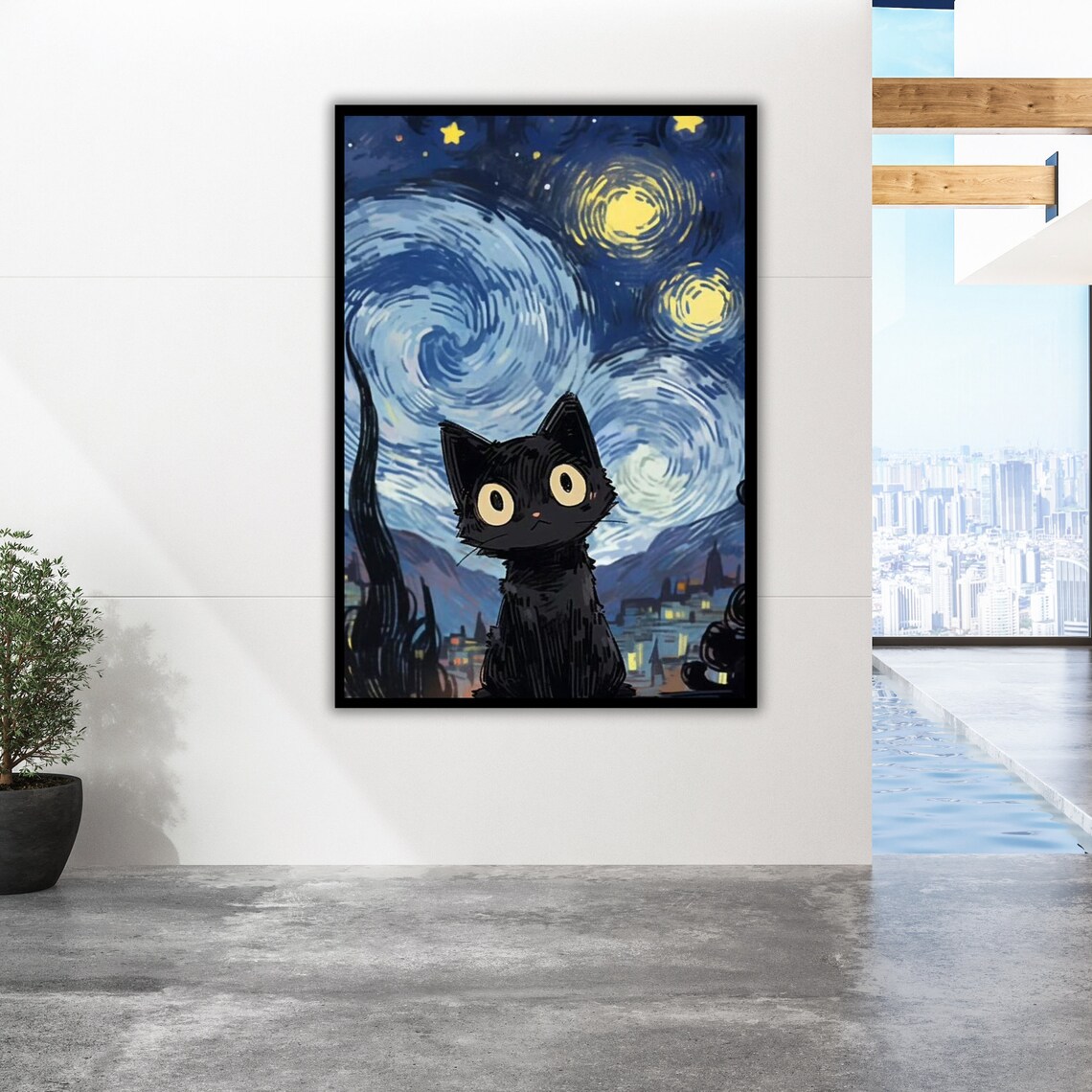 Black Cat Starry Night Van Gogh Inspired Swirling Sky Whimsical Kitty Poster - Image 2
