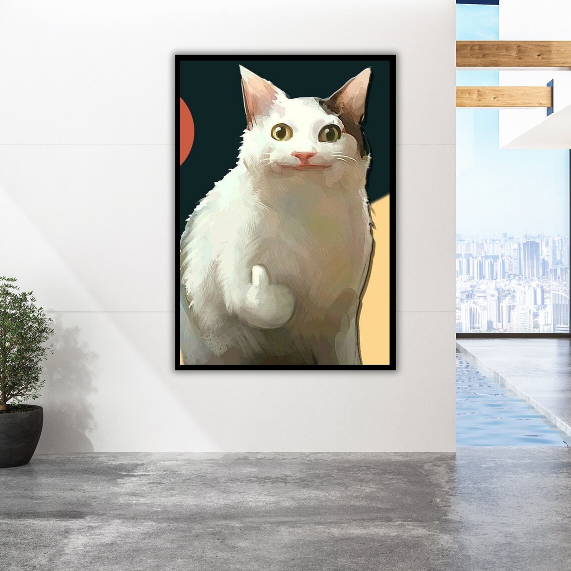White Cat Giving Middle Finger Funny Meme Portrait Smug Kitty Wall Poster - Image 2