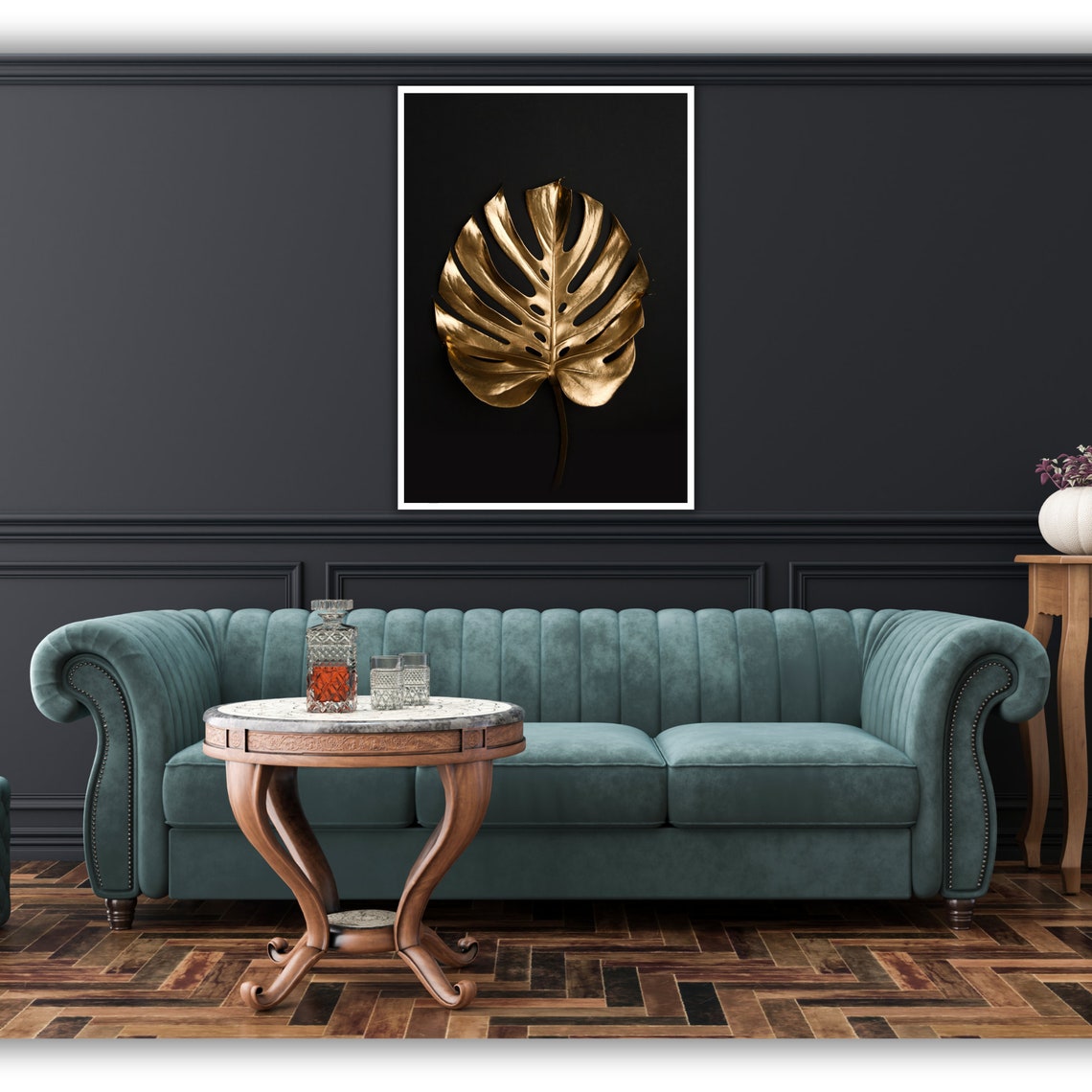 Gold Monstera Leaf Black Background Elegant Botanical Art Poster - Image 2