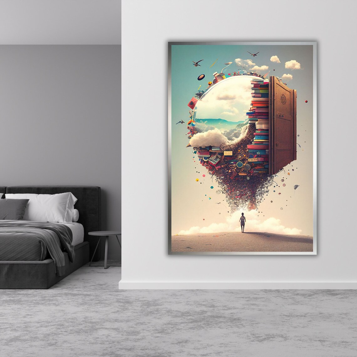 Surreal Library Hot Air Balloon Books Floating Door Nursery Art Poster - Image 3