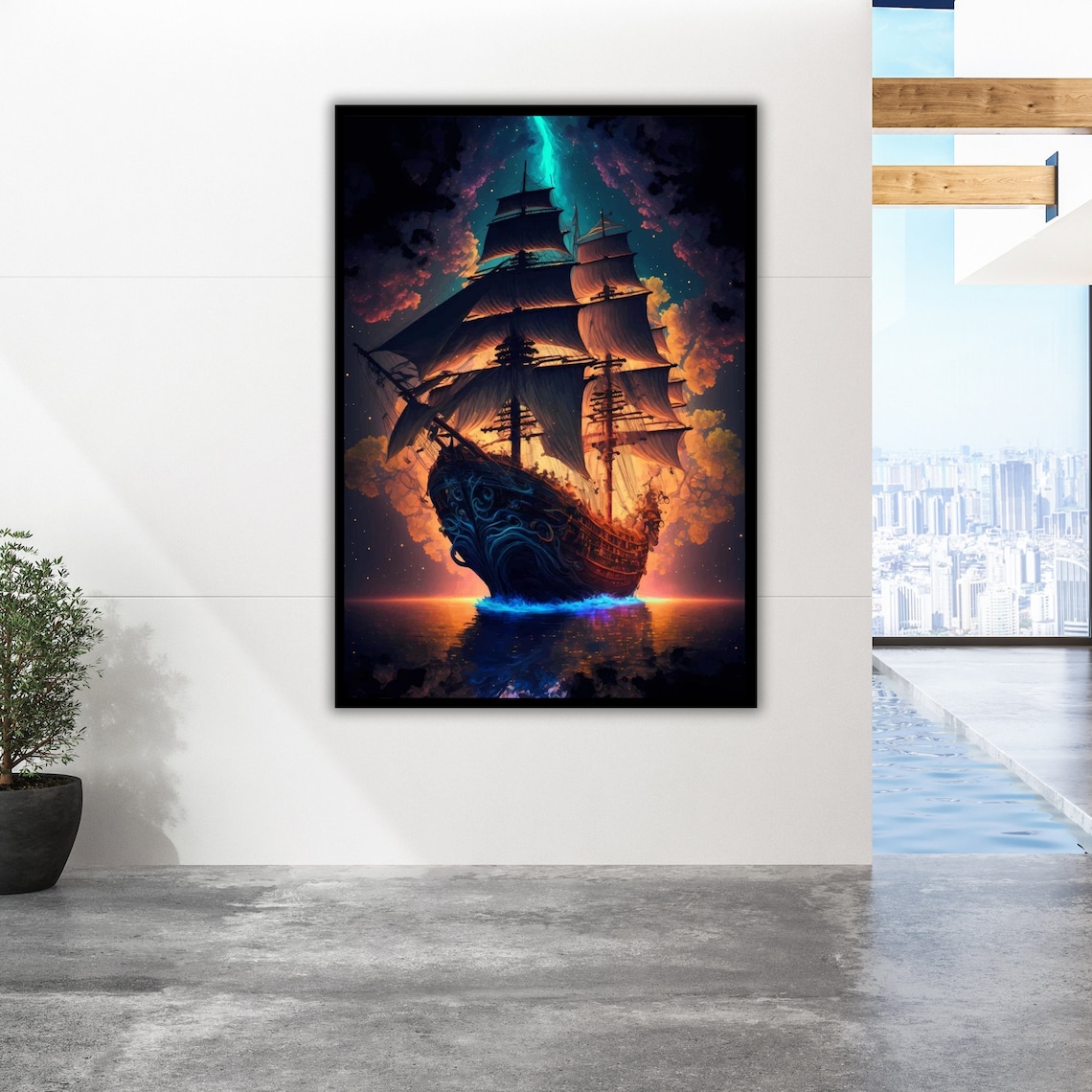 Tall Ship Fiery Twilight Clouds Glowing Horizon Night Voyage Poster - Image 2