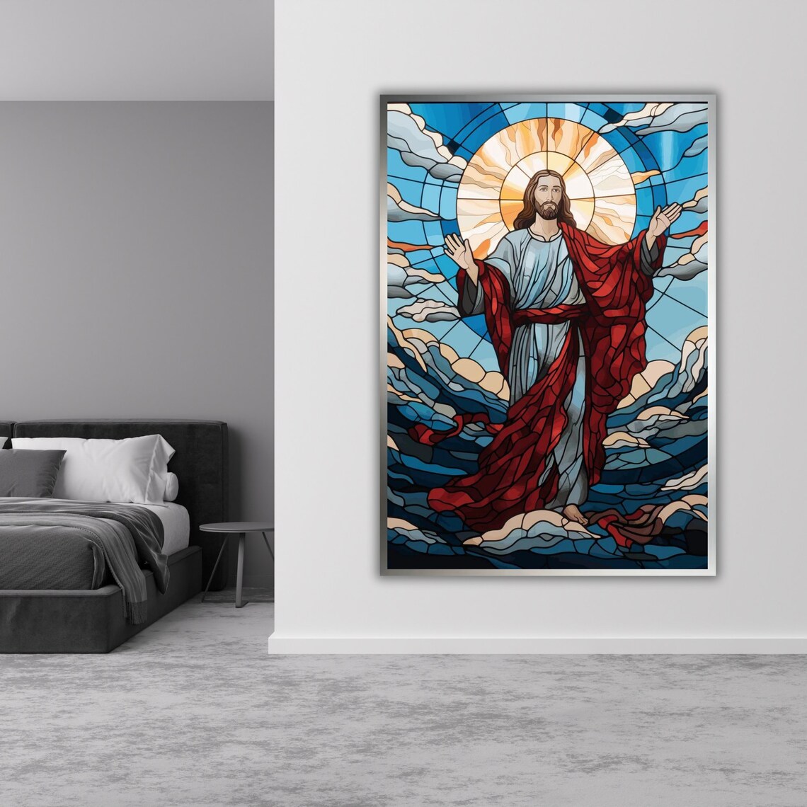 Jesus Christ Stained Glass Arms Open Red Robe Religious Art Poster - Image 3