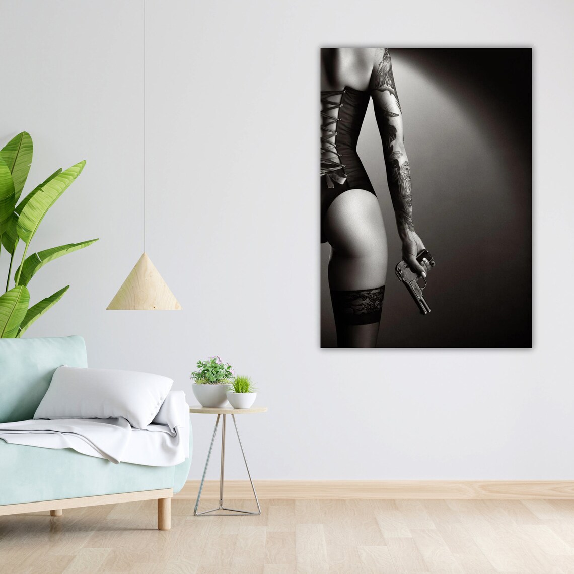 Tattooed Woman Corset Pistol Monochrome Noir Nude Art Print Poster - Image 4
