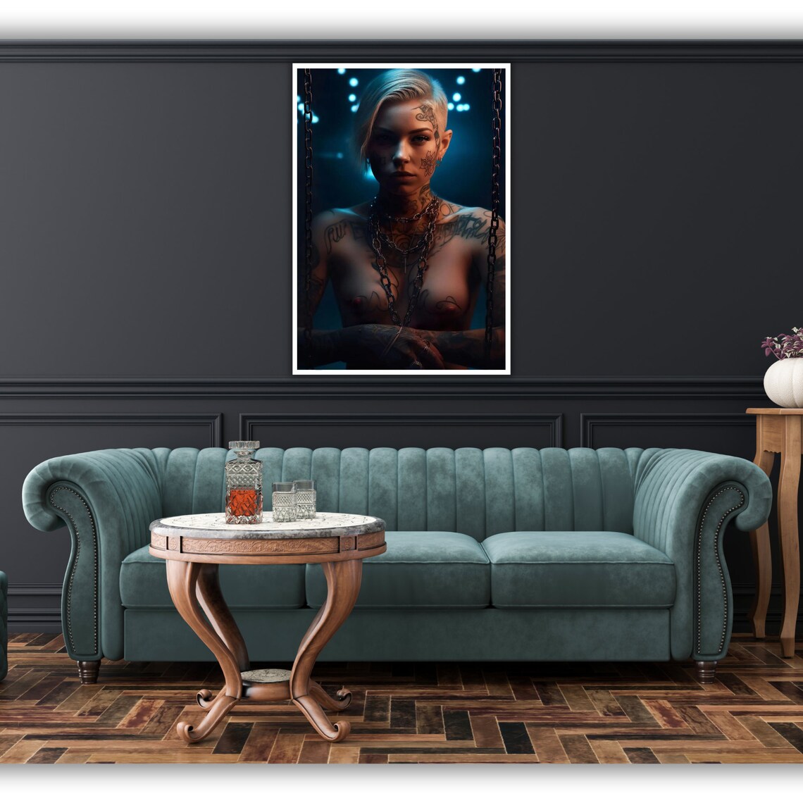 Tattooed Woman Moody Blue Dark Portrait Chains Nude Art Poster - Image 4