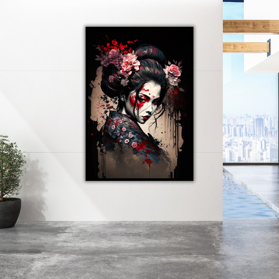 Japanese Geisha Ink Portrait Cherry Blossoms Red Black Wall Poster - Image 5