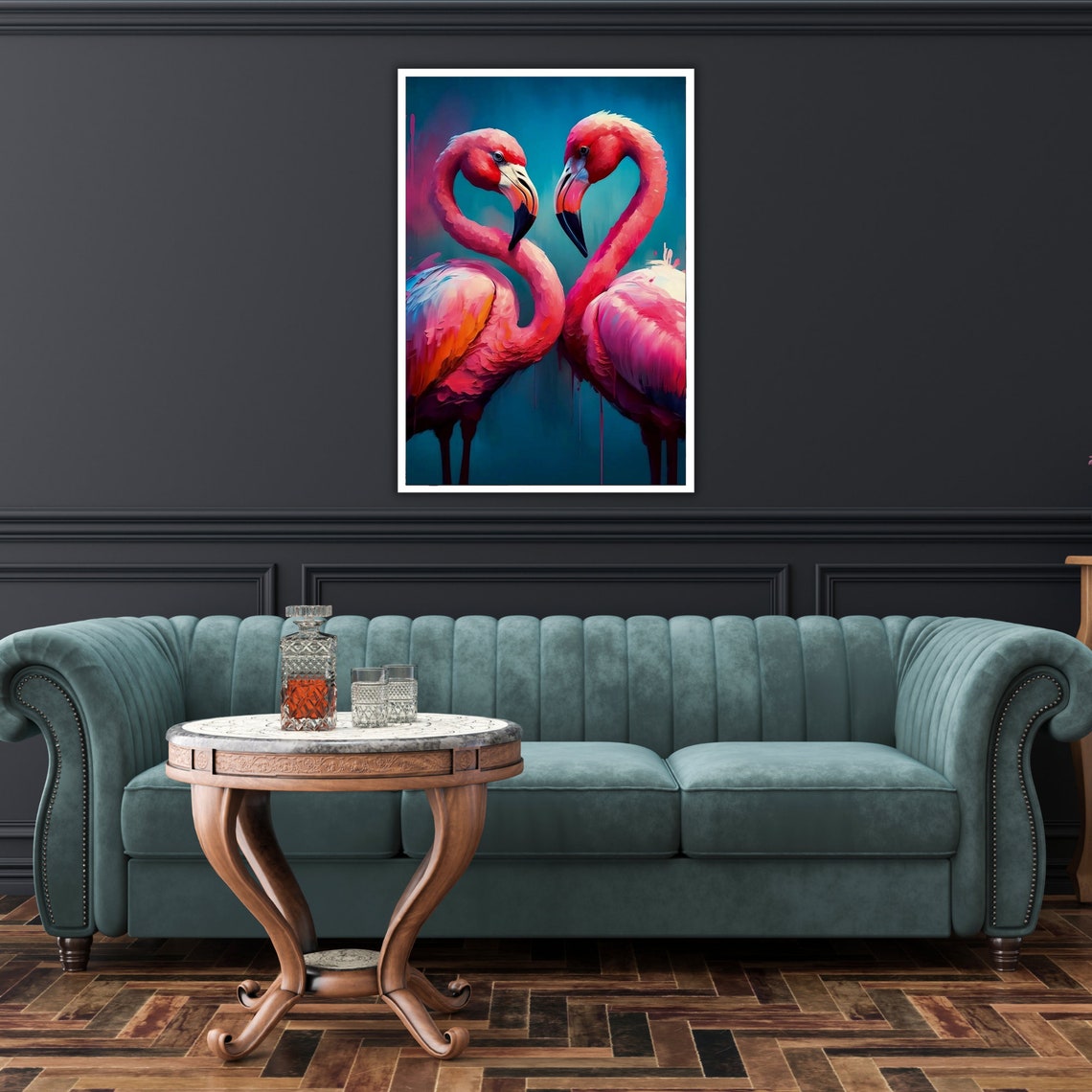 Two Pink Flamingos Heart Shape Vibrant Teal Tropical Wall Poster - Image 2
