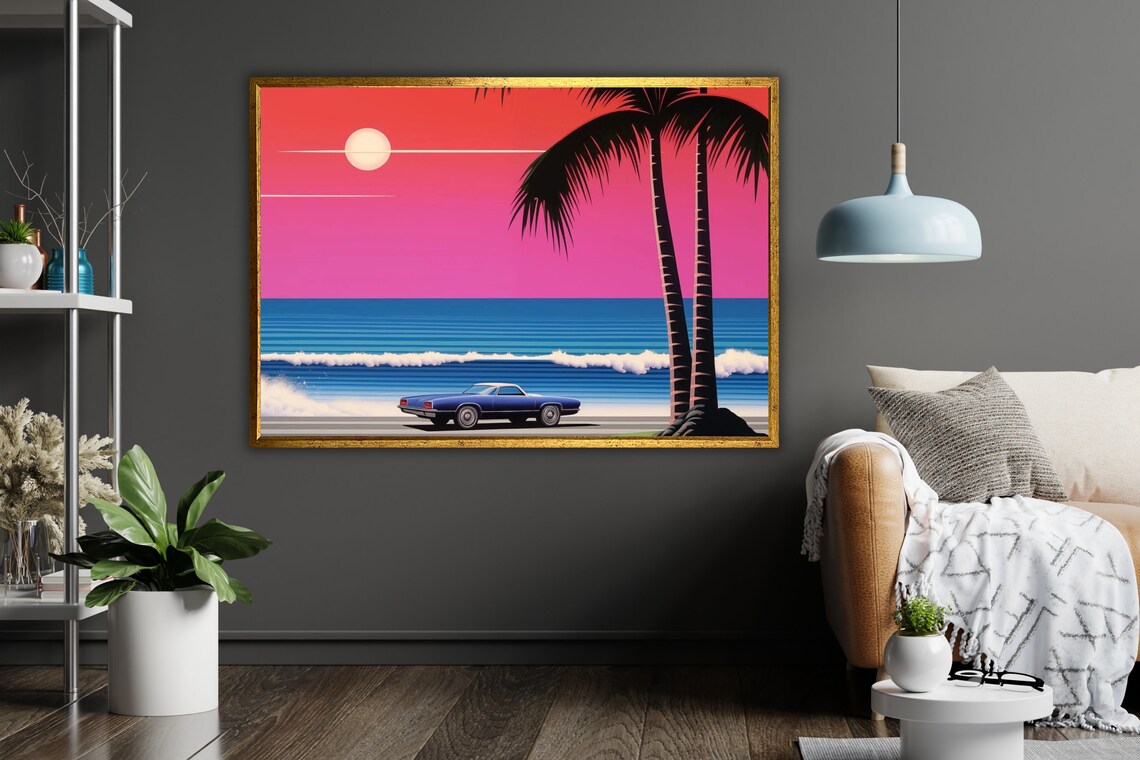Retro Classic Car Tropical Beach Palm Trees Sunset Drive Poster - Image 4