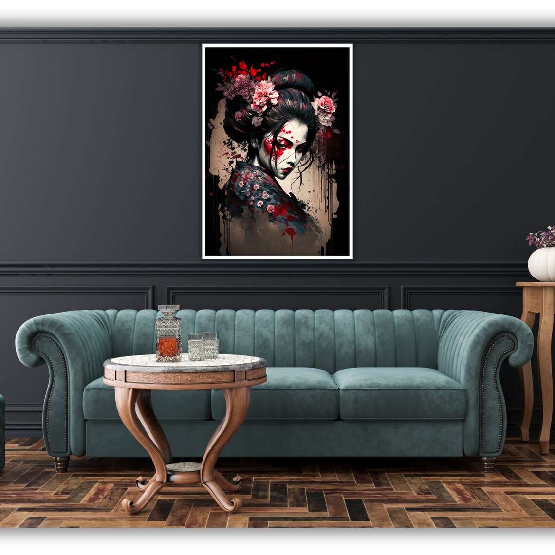 Japanese Geisha Ink Portrait Cherry Blossoms Red Black Wall Poster - Image 2