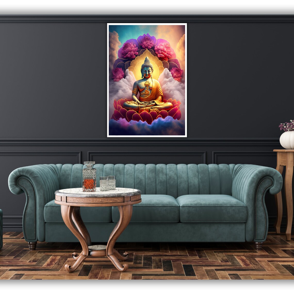 Golden Buddha Pink Lotus Clouds Radiant Spiritual Zen Art Poster - Image 4