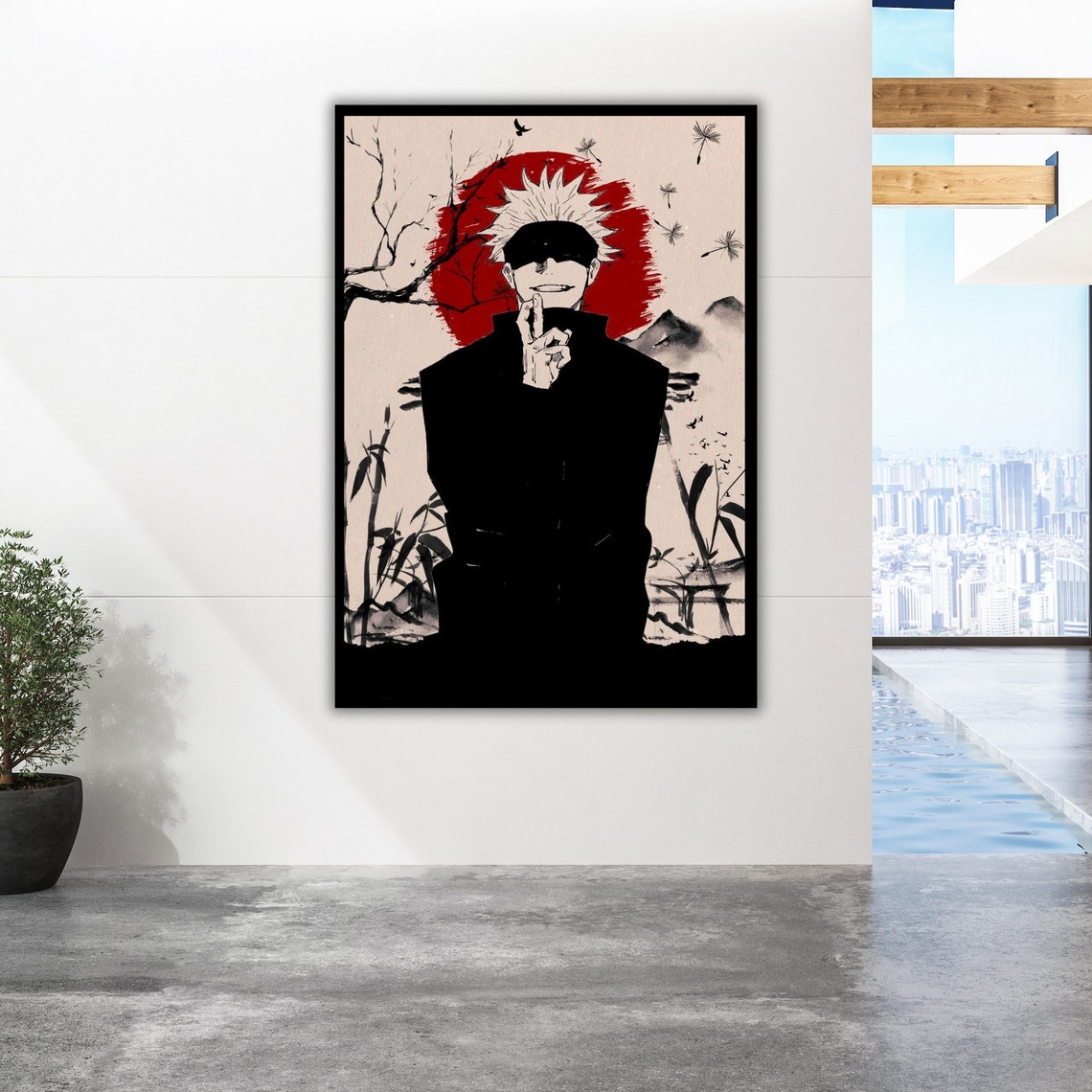 Gojo Satoru Blindfolded Red Sun Japanese Ink Anime Style Poster - Image 3
