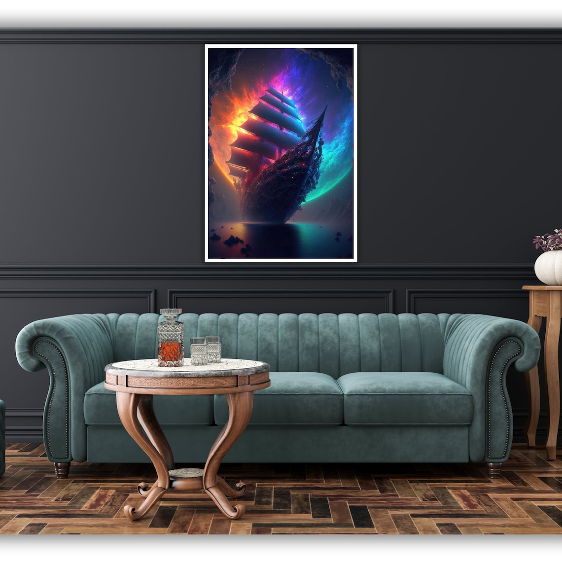 Ghost Ship Cosmic Nebula Fiery Galaxy Voyage Fantasy Ocean Poster - Image 2