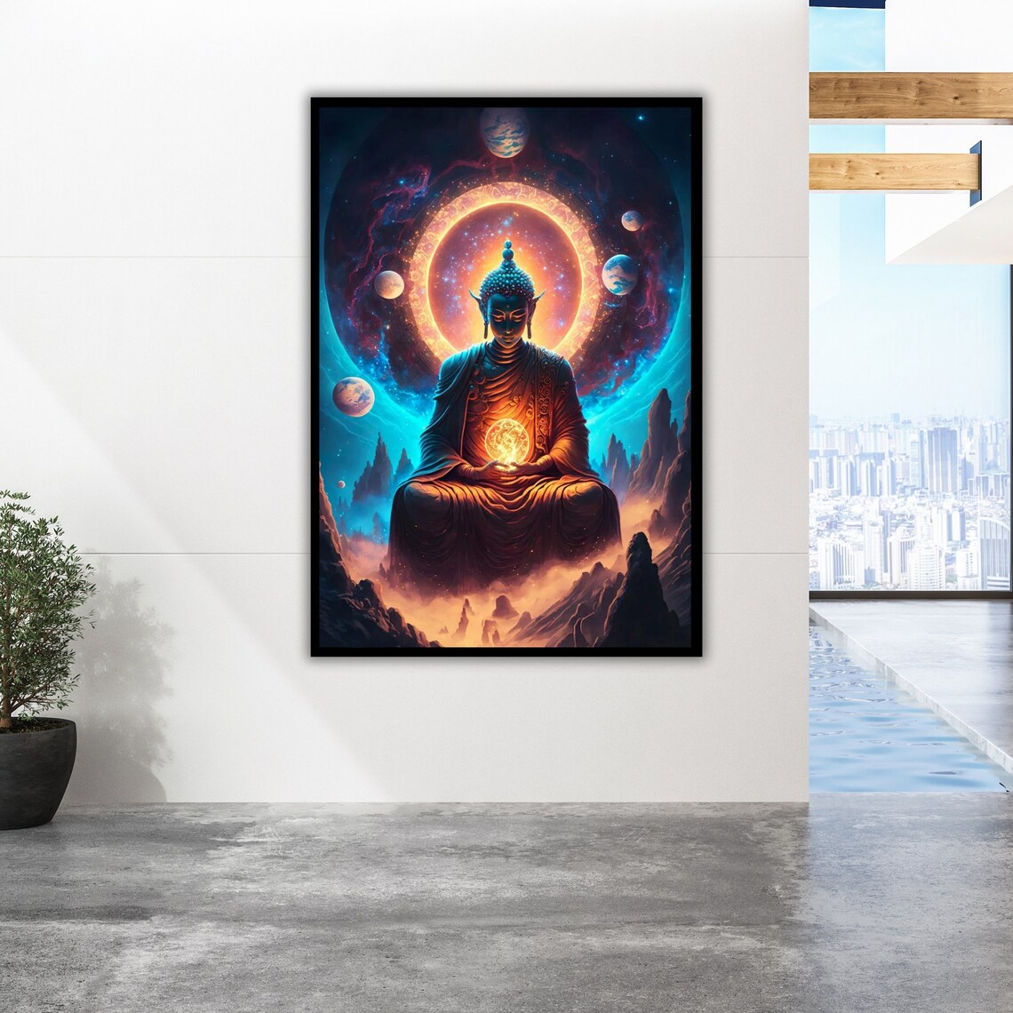 Cosmic Buddha Planets Galaxy Glowing Halo Light Orb Zen Art Poster - Image 2