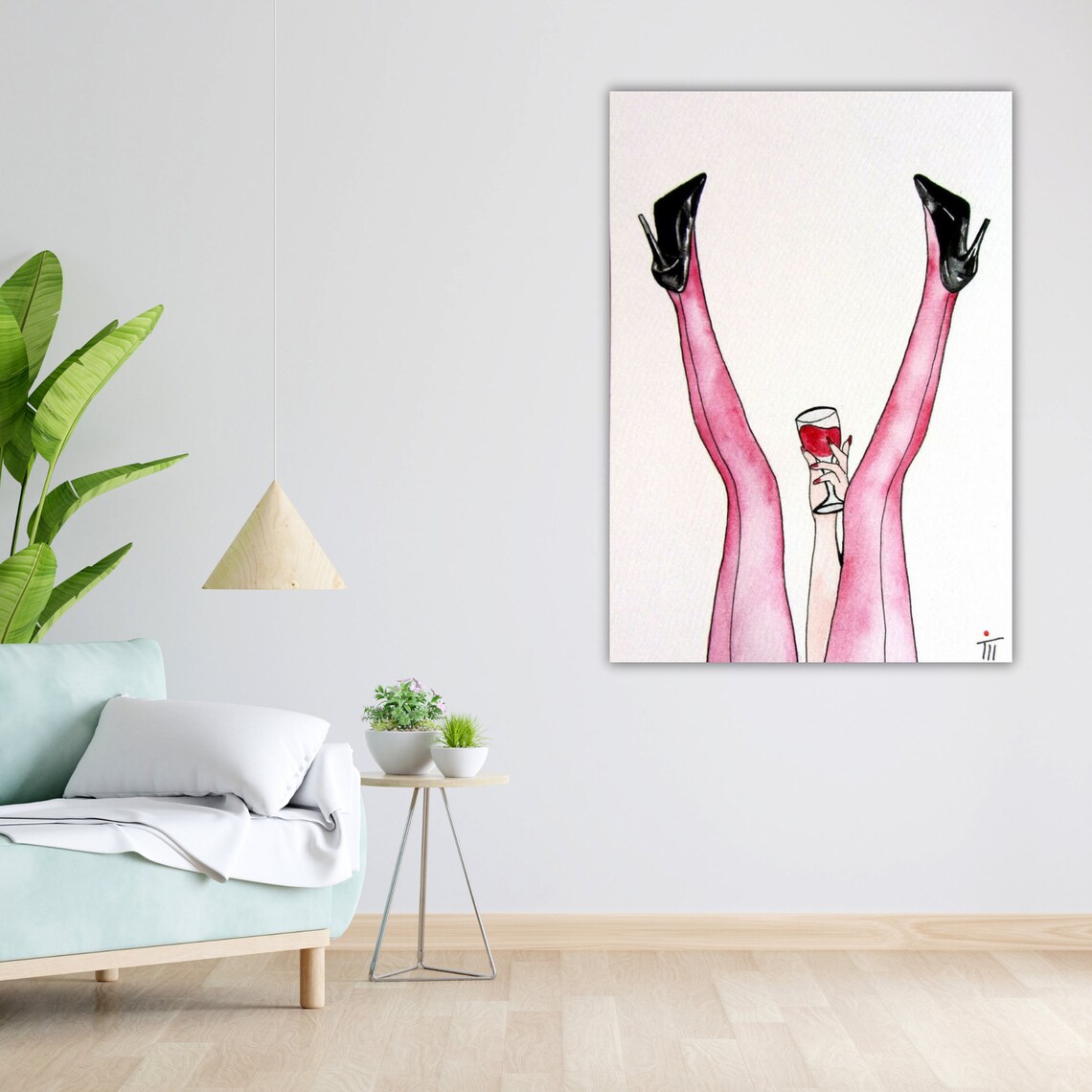Pink Stockings Legs Heels Wine Glass Whimsical Watercolor Art Wall Poster - Image 5