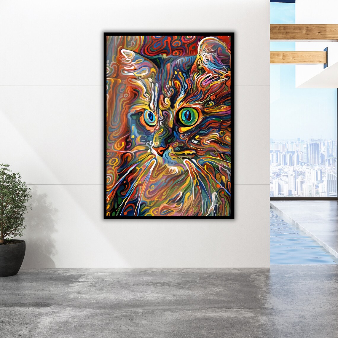 Psychedelic Cat Face Rainbow Swirl Green Eyes Whimsical Feline Poster - Image 2