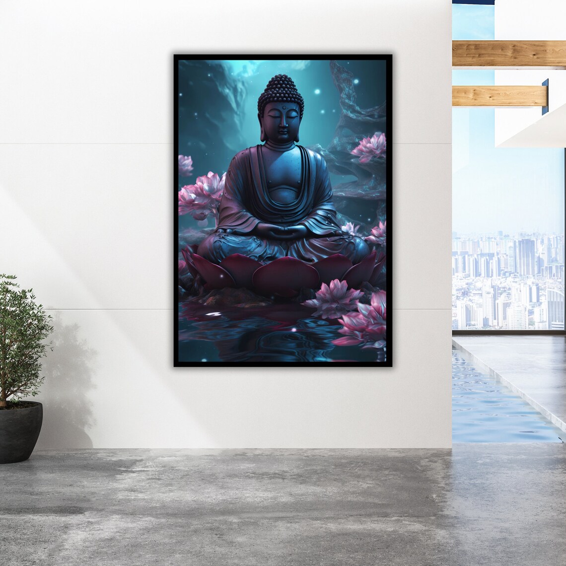 Blue Buddha Lotus Pond Pink Blossoms Moonlit Night Zen Art Poster - Image 2
