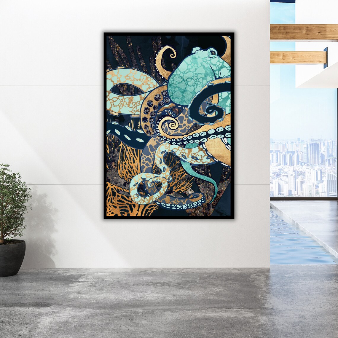 Octopus Abstract Art Print Metallic Wall Decor Ready To Hang Framed Print - Image 2