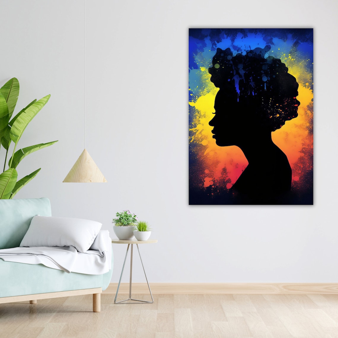 Black Woman Silhouette Blue Orange Sunset Splatter Profile Art Poster - Image 3