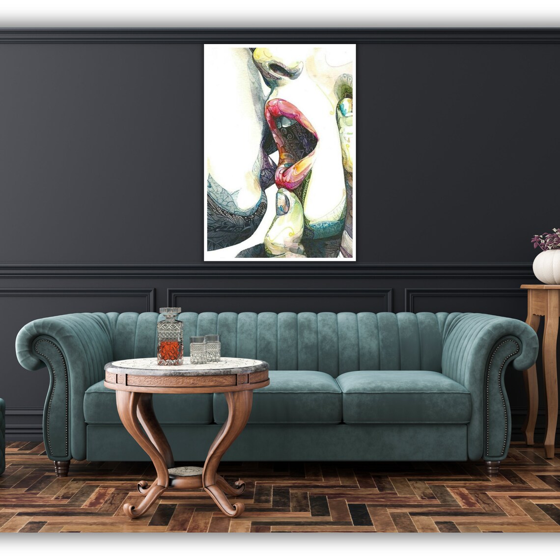 Romantic Kiss Watercolor Close Up Colorful Doodle Pattern Art Poster - Image 5