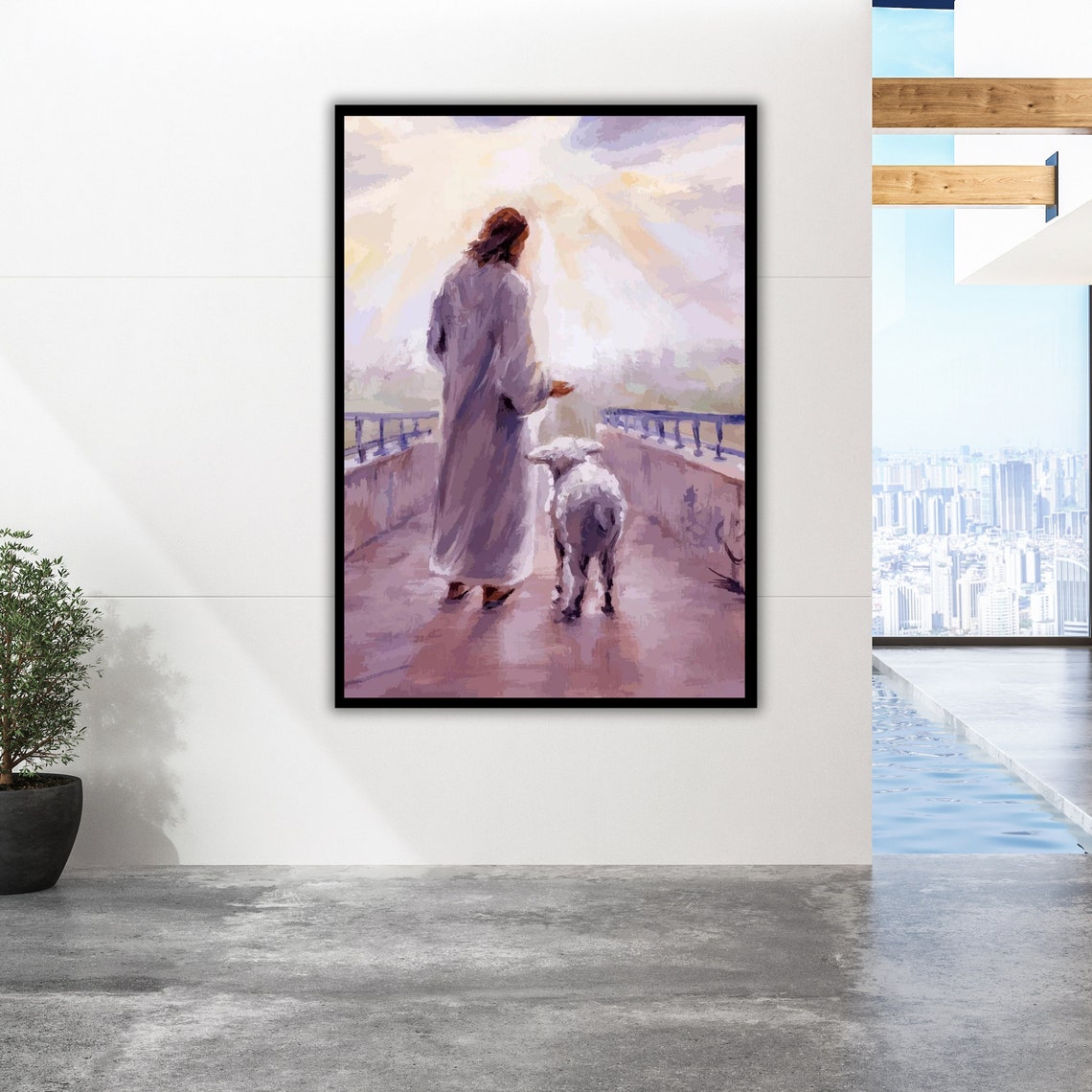 Jesus Walking With Lamb Soft Lavender Watercolor Peaceful Art Poster - Image 2