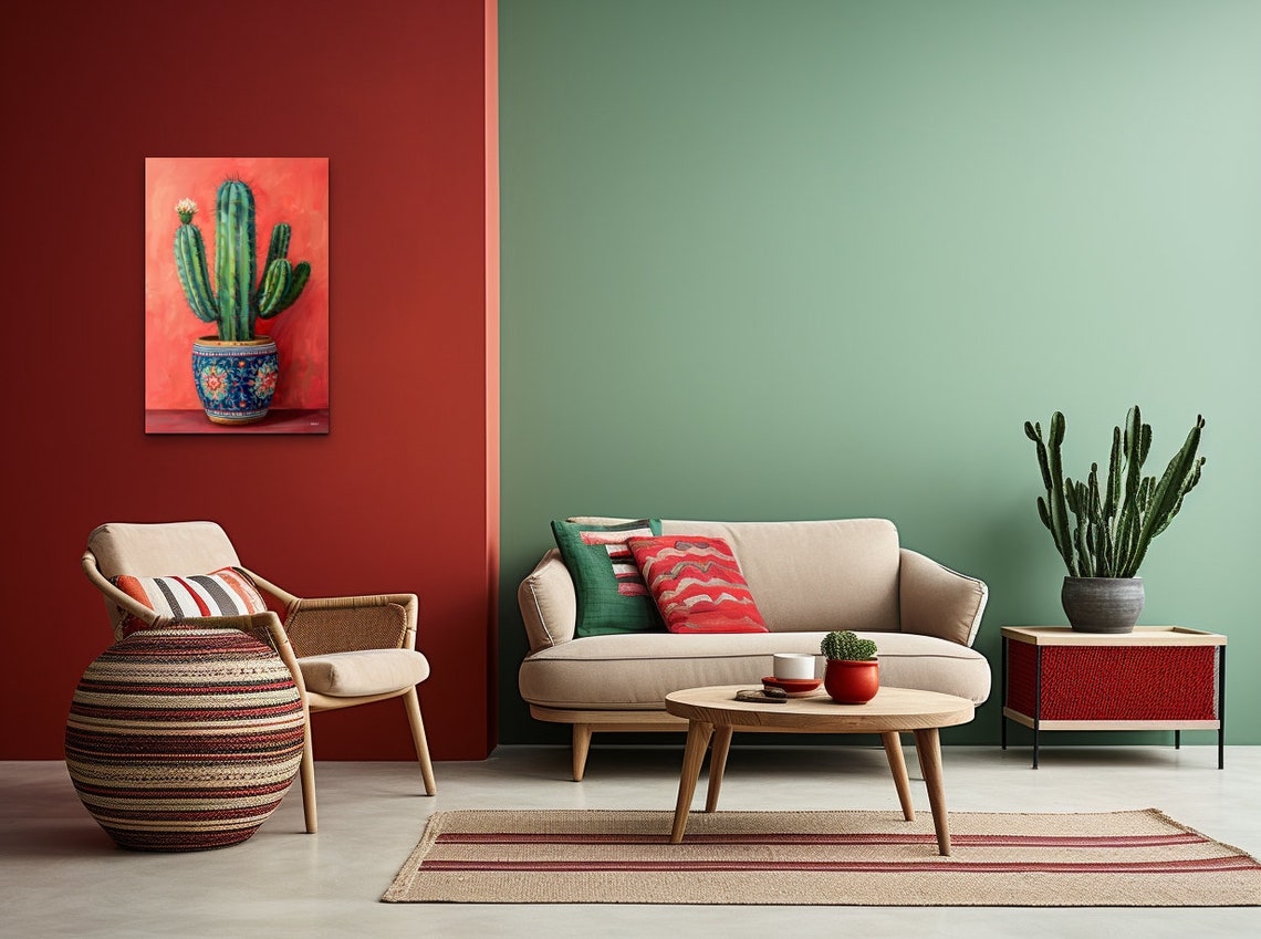 Potted Cactus Oil Painting Decorative Pot Coral Background Wall Art - Image 6