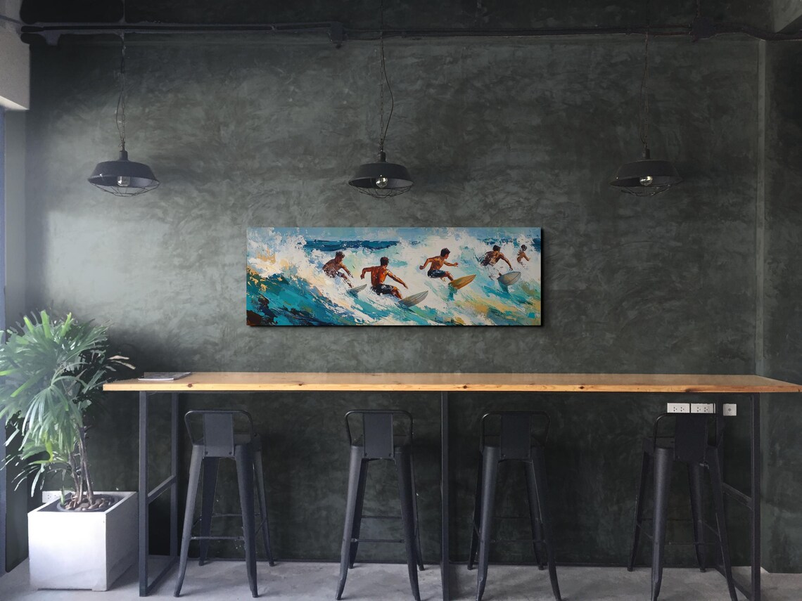 Surfers Riding Crashing Waves Ocean Action Panoramic Painting Poster - Image 5