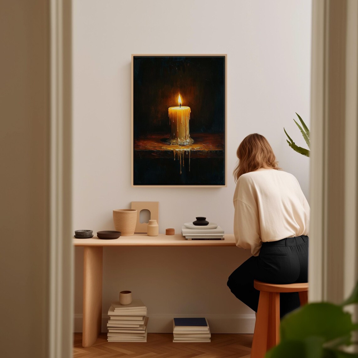 Rustic Dripping Candle Warm Glow Oil Painting Art Print - Image 3