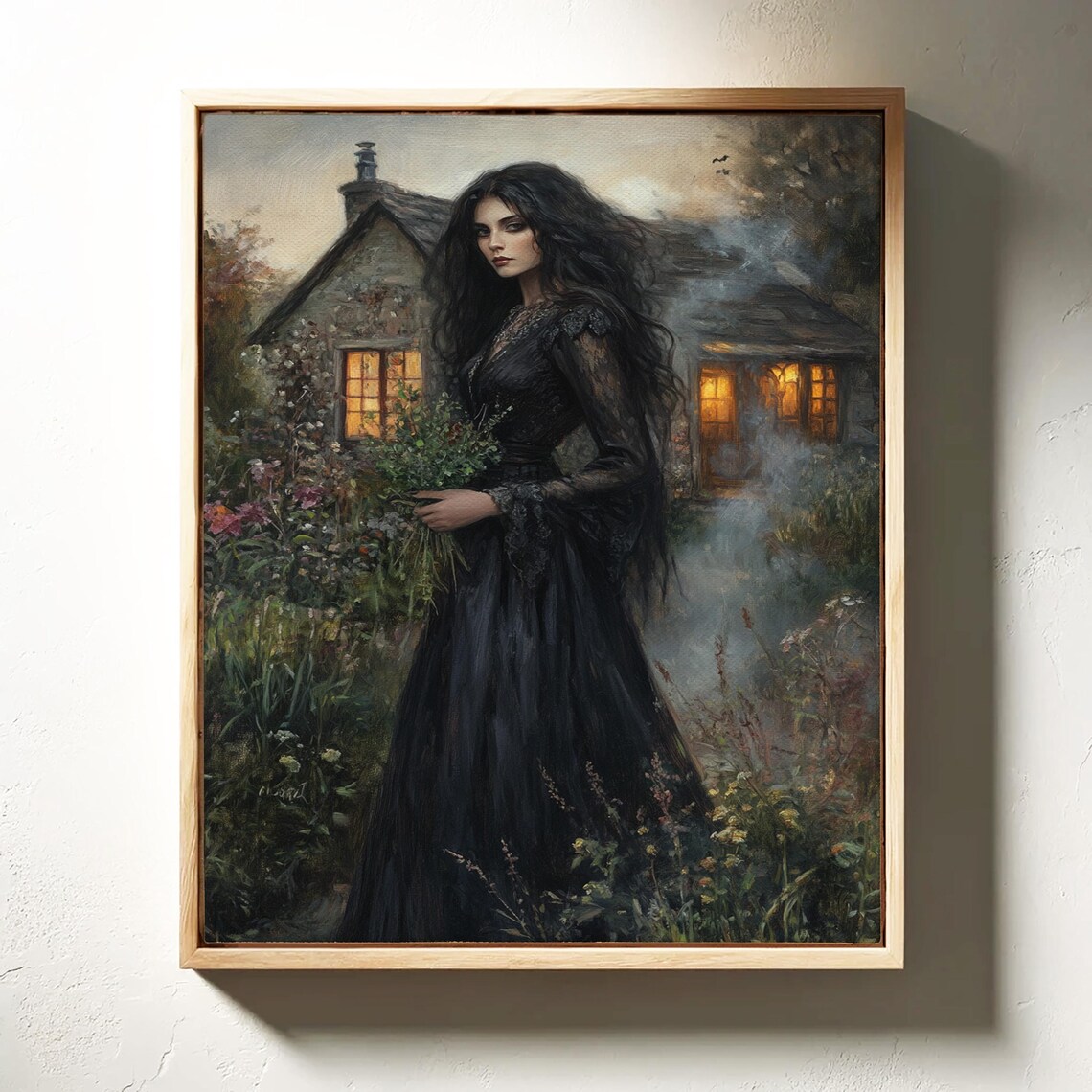 Mysterious Woman in Black Dress by a Glowing Cottage at Dusk Poster - Image 7