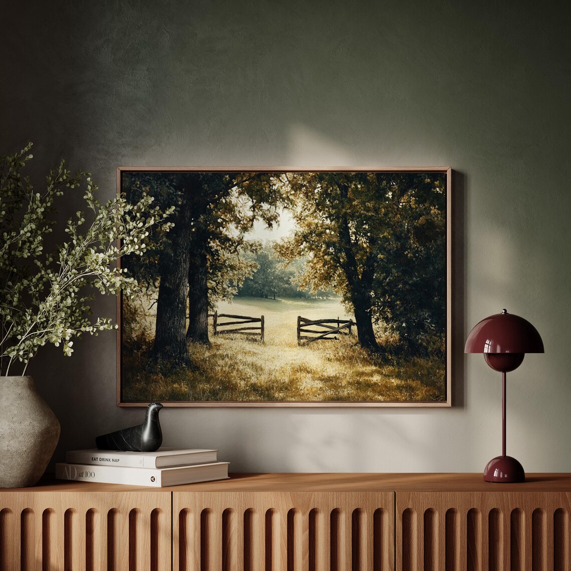 Sunlit Meadow with Rustic Wooden Fence Gate Landscape Painting Poster - Image 2