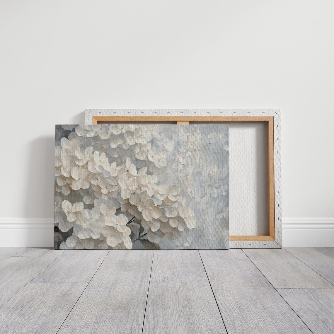 Elegant White Hydrangea Textured Floral Painting on Blue Poster - Image 6