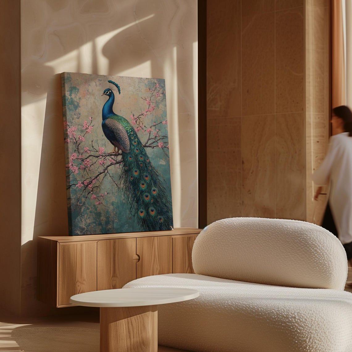Majestic Peacock Cherry Blossom Branch Vintage Textured Art Poster - Image 6