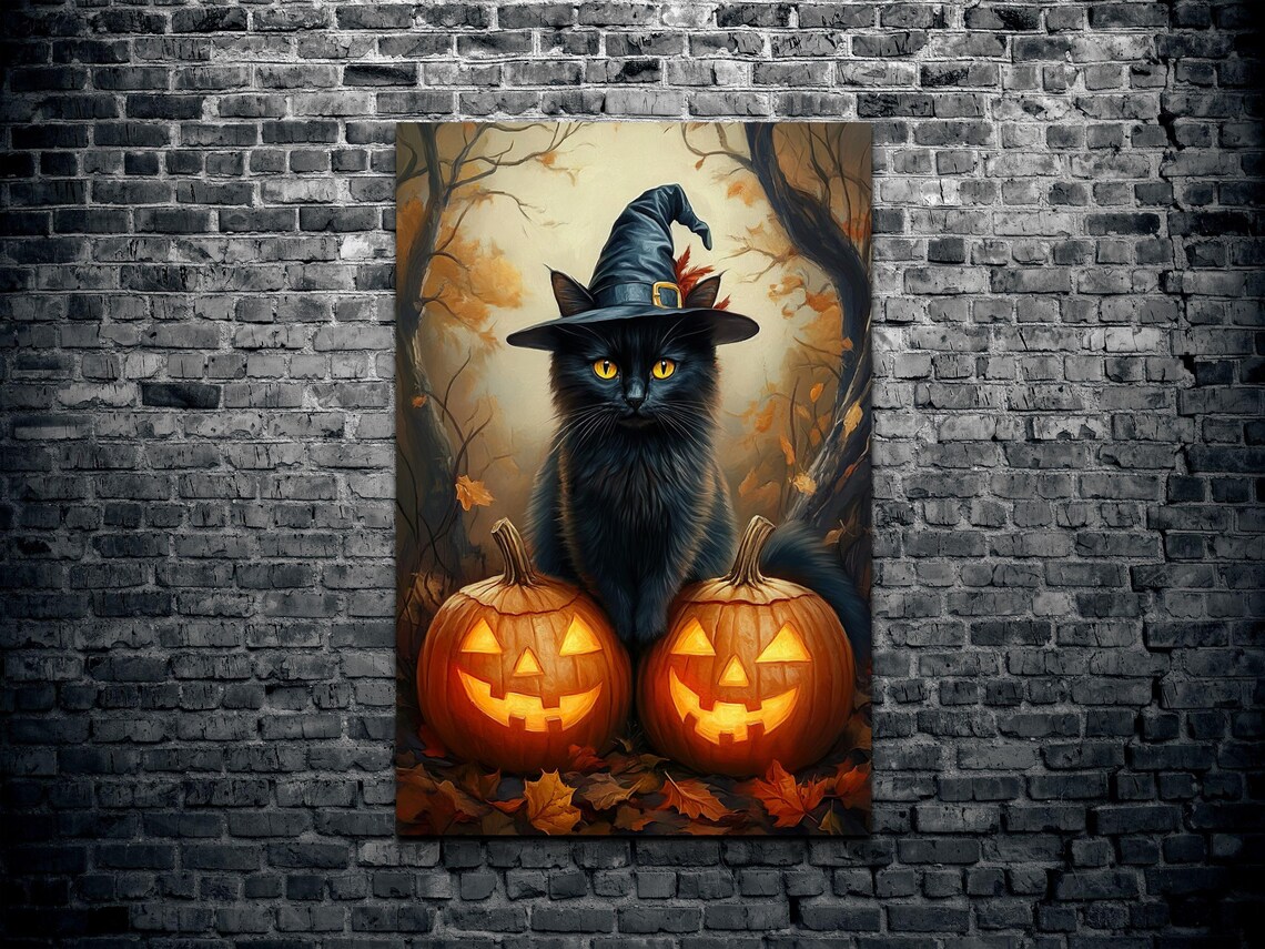 Witches Black Cat in Pumpkin Patch, Halloween Art Print - Image 2