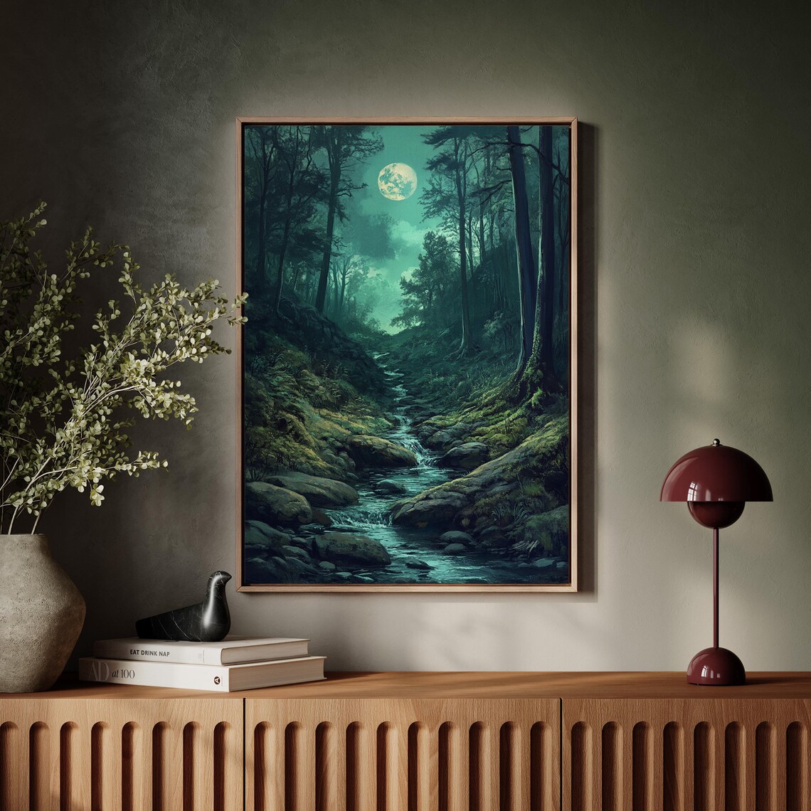 Mystical Moonlit Forest Stream, Tranquil Nature Art - Image 6