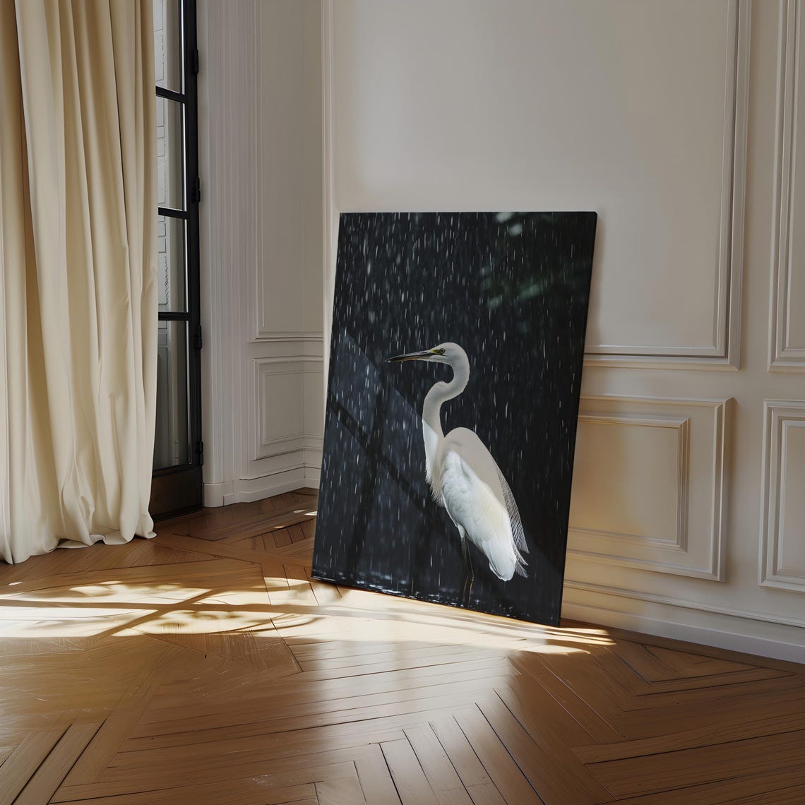 White Egret Standing in Rain Dramatic Dark Wildlife Portrait Poster - Image 5