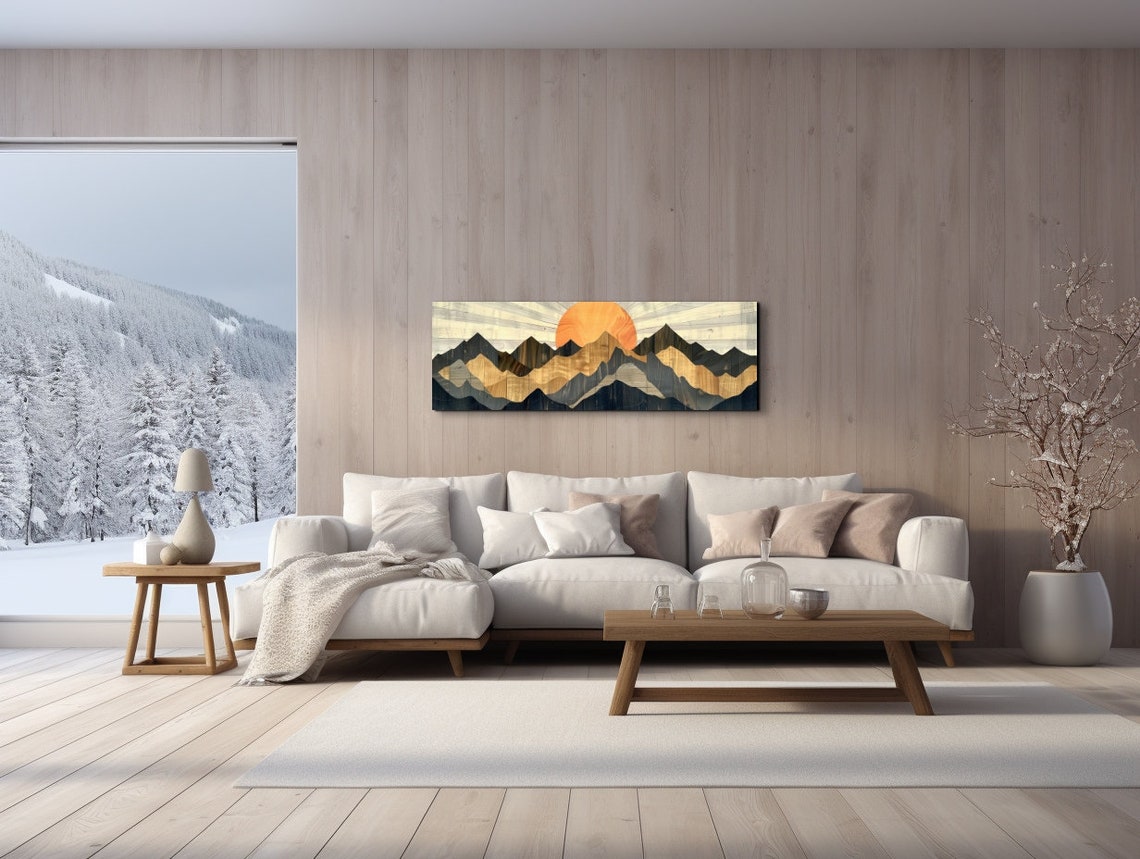 Wood Style Mountain Range Layered Peaks with Sunrise Art Poster - Image 6