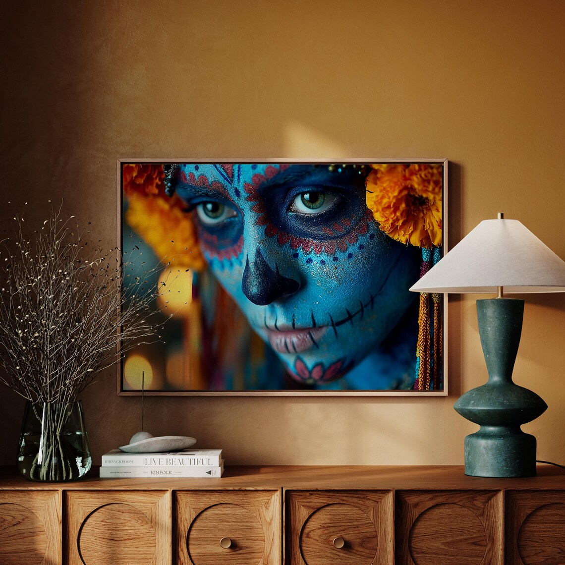 Marigold Gaze Catrina In Blue Sugar Skull Portrait Art Poster