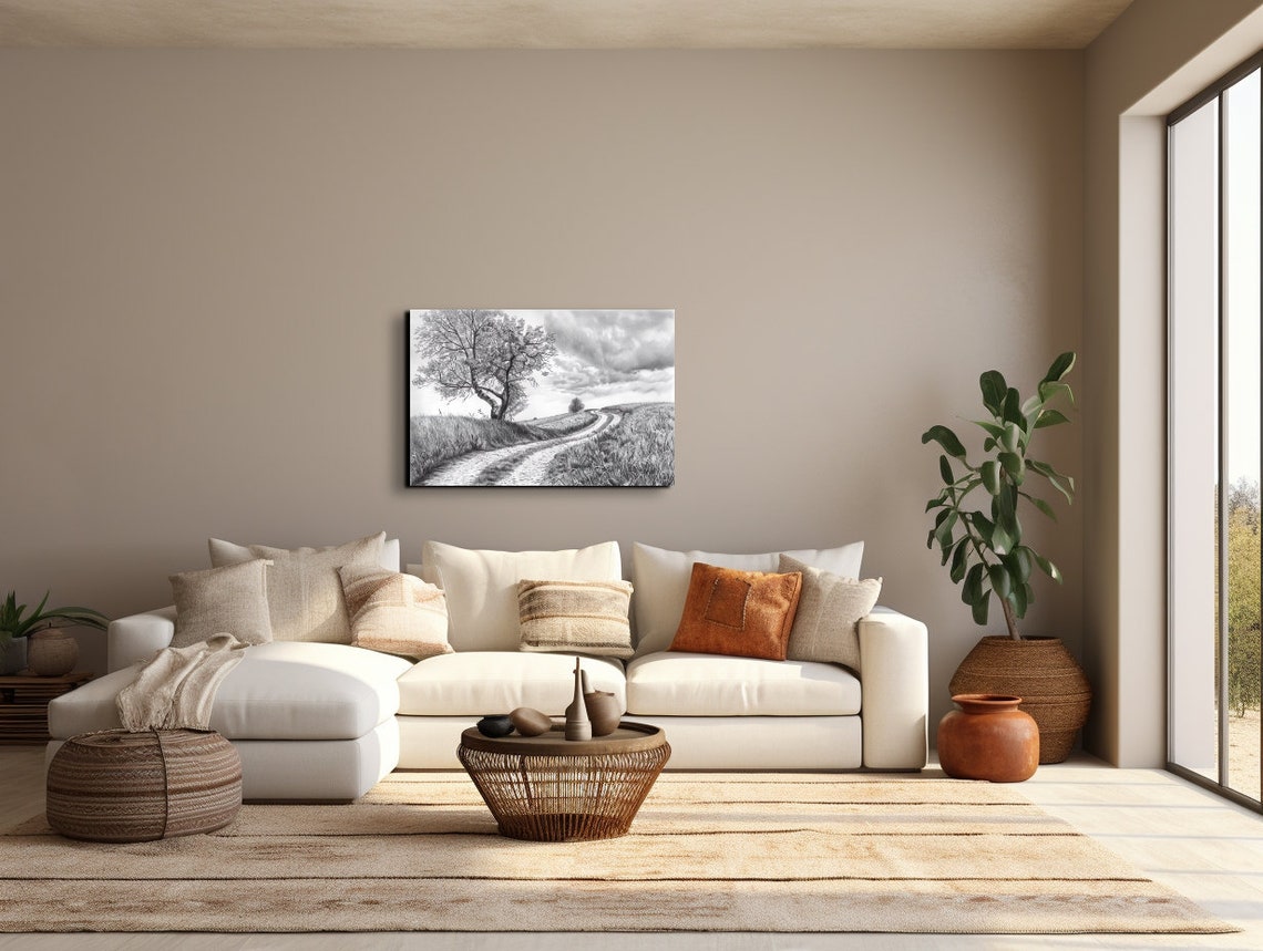 Lone Oak Tree On Rolling Hill Charcoal Drawing Winding Path Poster - Image 7
