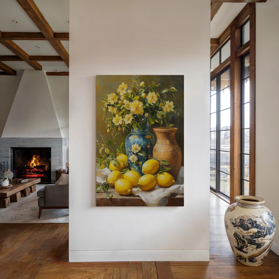 Rustic Still Life Lemons Yellow Florals Blue Vase Kitchen Art Poster - Image 4