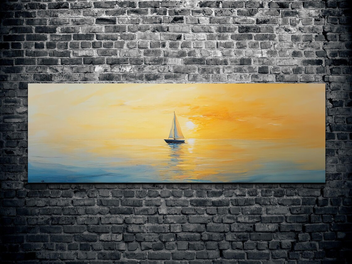 Sailboat Sailing Into Golden Sunset Ocean Painting Waves Poster - Image 2