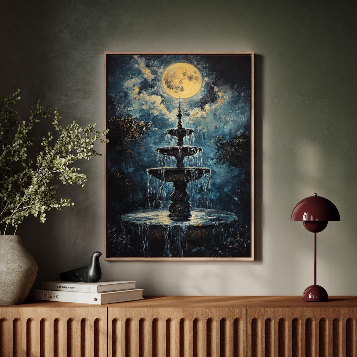 Moonlit Tiered Fountain Under Full Moon Night Sky Ethereal Art Poster - Image 7