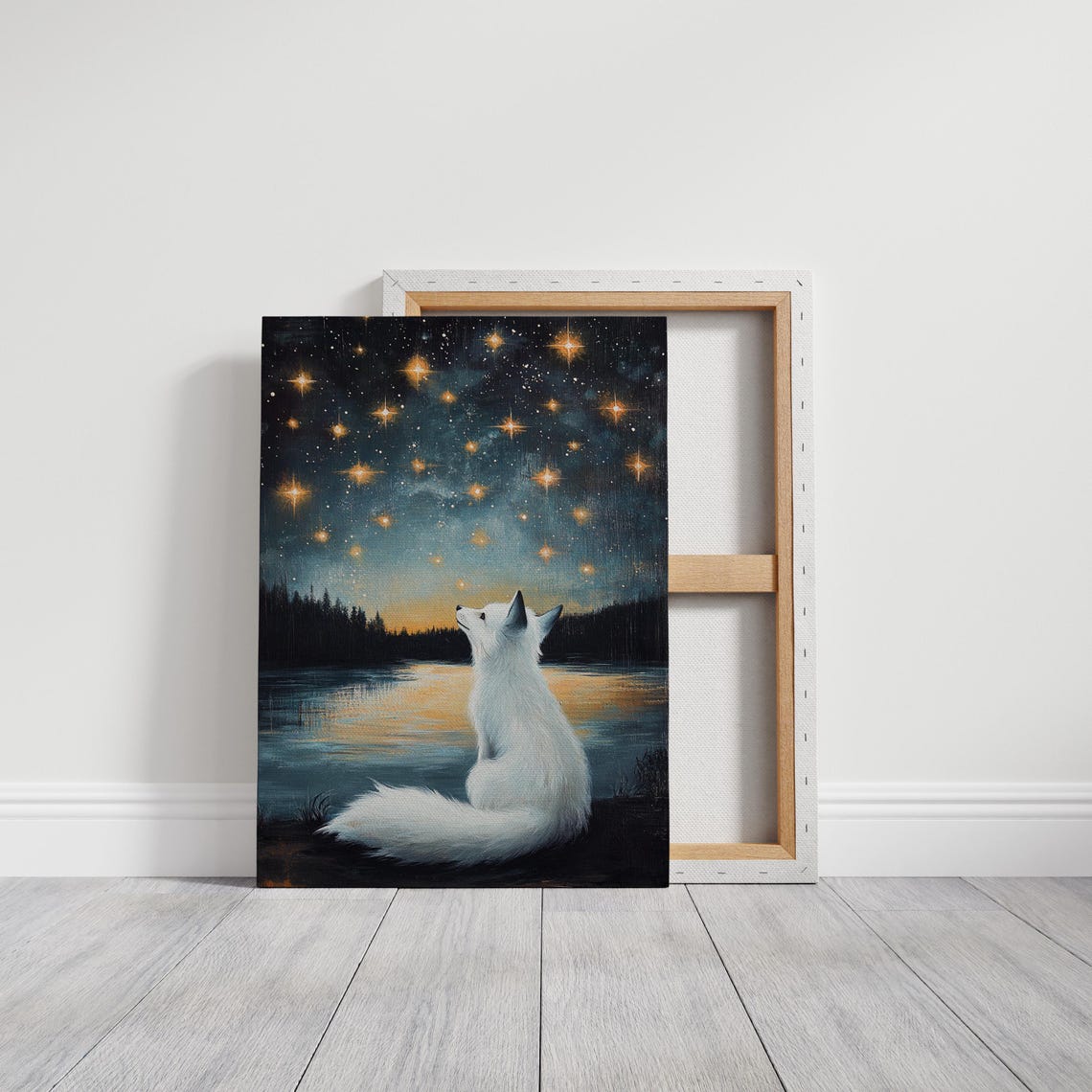 Mystical White Fox Gazing At Starry Sky By Moonlit Lake Poster - Image 3