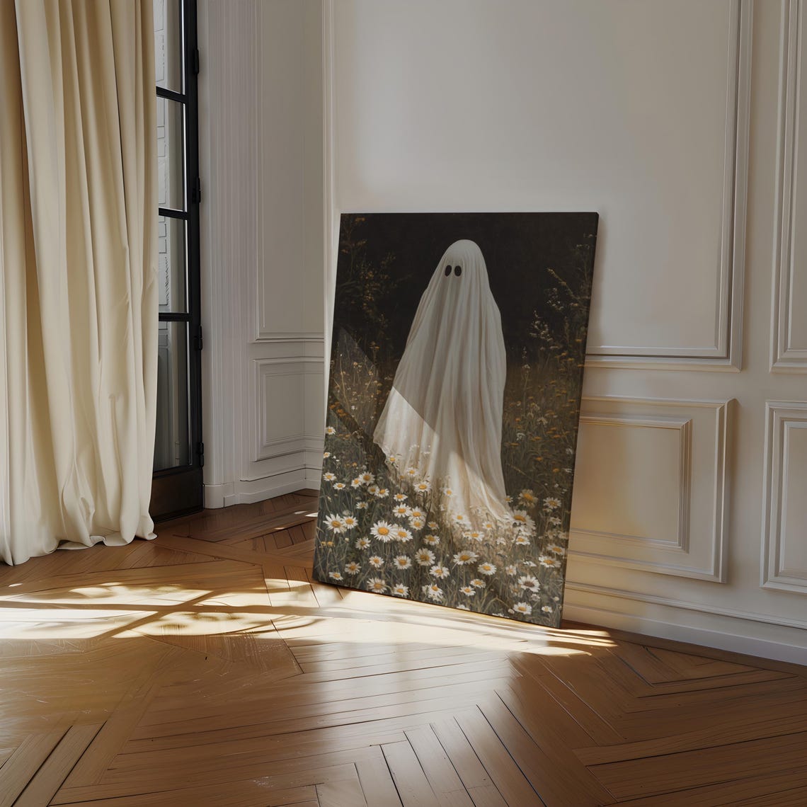 Cute Sheet Ghost In Daisy Meadow Moonlit Halloween Art Poster - Image 3