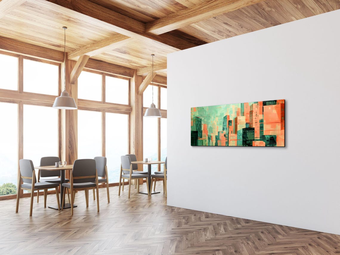 Abstract Coral and Teal City Skyline Geometric Modern Art Poster - Image 3