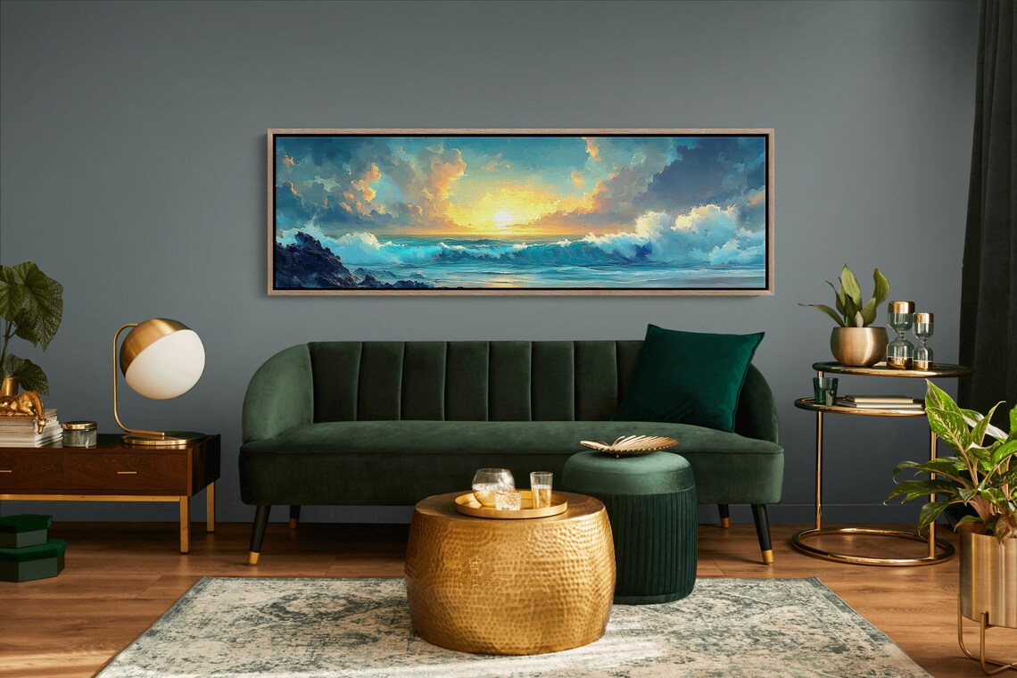 Ocean Sunset Crashing Waves Seascape Coastal Panorama Art Print - Image 2