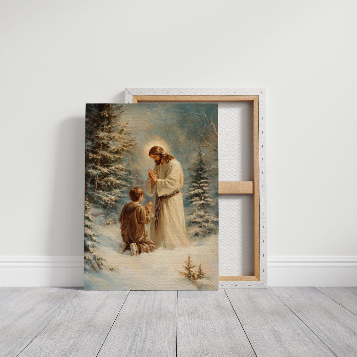 Jesus Praying With a Kneeling Boy in a Snowy Winter Forest Poster - Image 6