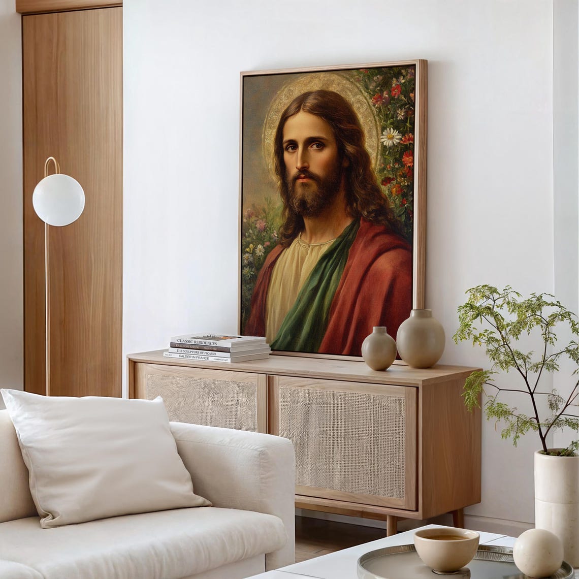 Jesus Christ Portrait With Golden Halo Wildflowers Faith Poster - Image 7