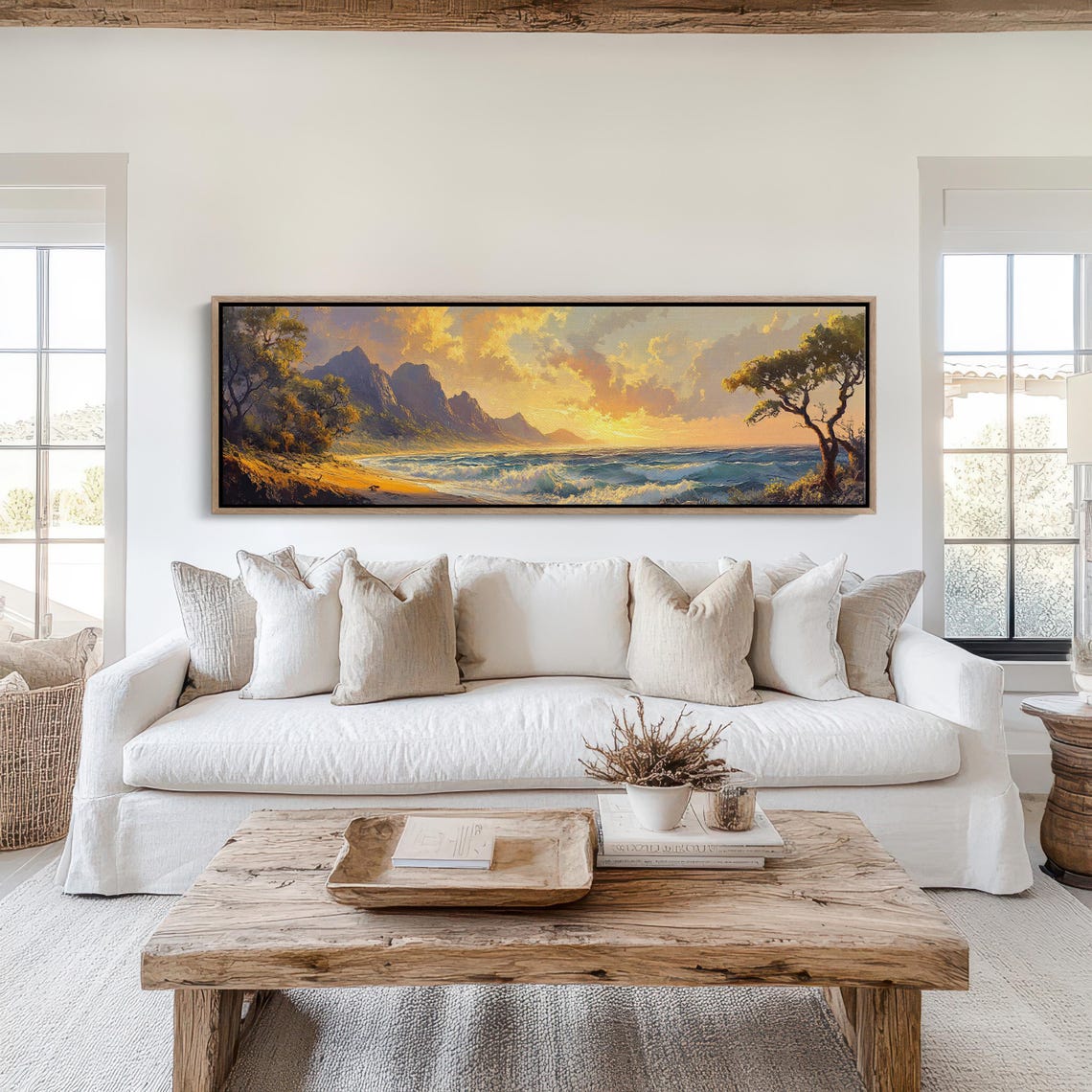 Golden Sunset Ocean Panorama With Mountains Waves Beach Nature Poster